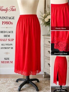 Vintage 1980s Vanity Fair Red Antron III Nylon Lace Hem Half Slip M
